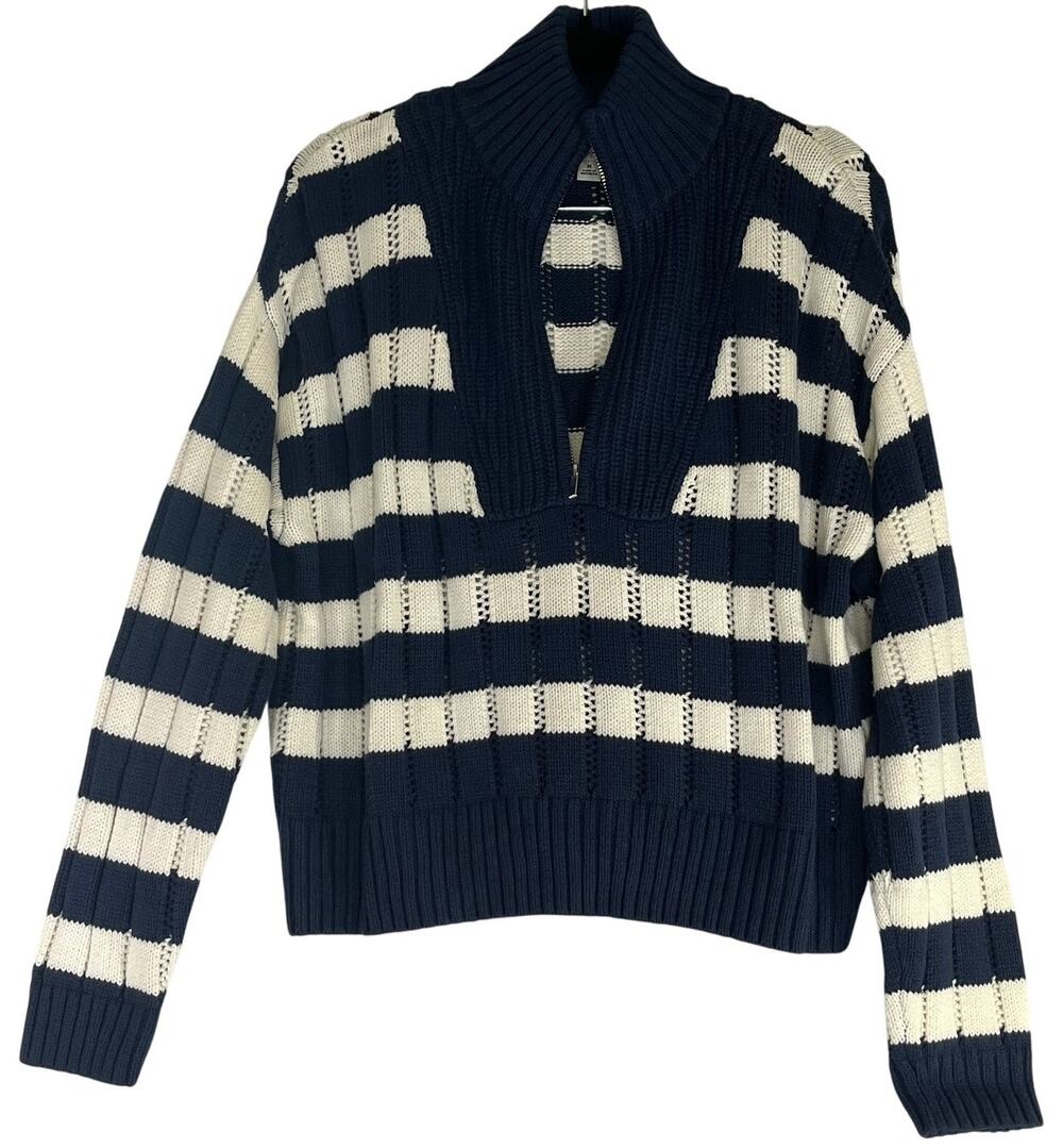 A New Day Navy White Striped Quarter Zip Mock Neck Sweater Size M